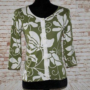 Ann Taylor Olive Green and White Floral Button Cardigan